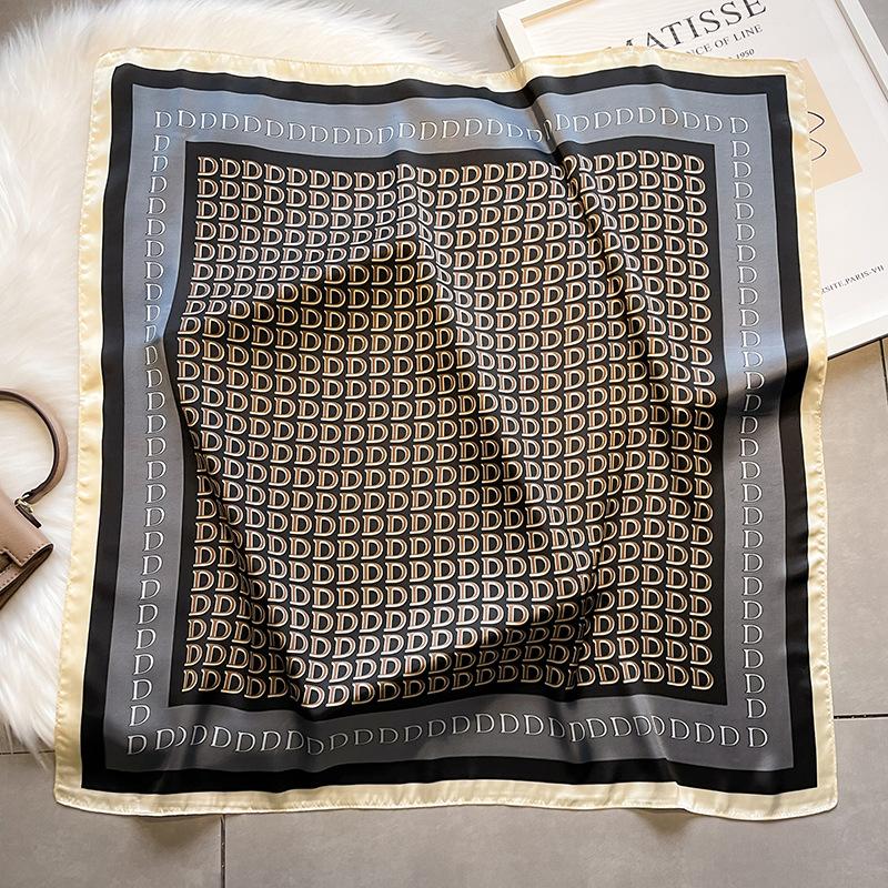 SpringSummer Letter D Print Neckerchief Fashion 70*70Cm Green Square Scarf Women’S Breathable Imitation Silk Bandannas