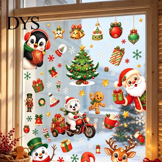 Winter Seasonal Room Decor 6Pcs Christmas Window Cling, Santa Snowman Penguin Reindeer Static Glass Claus Stickers Decals for Storefront, No