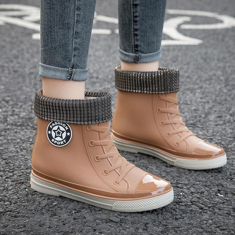 Fashion short tube women's waterproof shoes rain shoes student trend rubber shoes velvet warm non-slip rain boots women