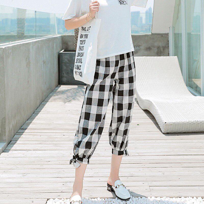 WM & MW Fashion Women Harem Pants Elastic High Waist Retro Plaid Casual Slim Pants Trousers with Bow Belt WM & MW Fashion Women Harem Pants Elastic High Waist Retro Plaid Casual Slim Pants Trousers with Bow Belt