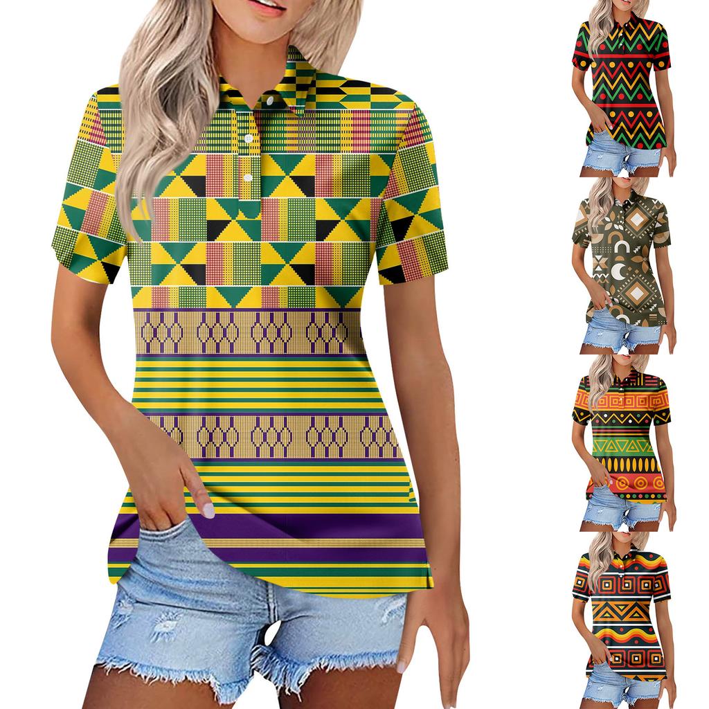 Women's Fashion Casual Button Short Sleeve Printed Lapel Top