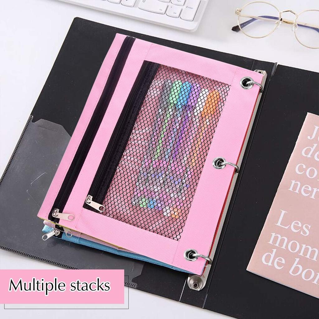 FEPITO 3Pack 3 Ring Binder Pencil Pouches Zipper Pouch Double Pocket Pencil Bag Mesh Window Pencil Case for Stationery