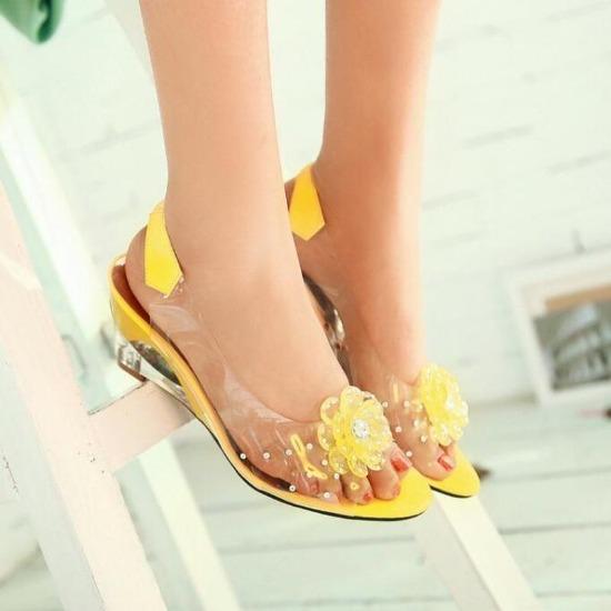 

6.5CM Клинья Сандалии Женские Летние Сладкие Цветы Прозрачные Босоножки на Каблуке с Открытым Носком Рыбий рот Красные Сандалии Большой Размер 49 43