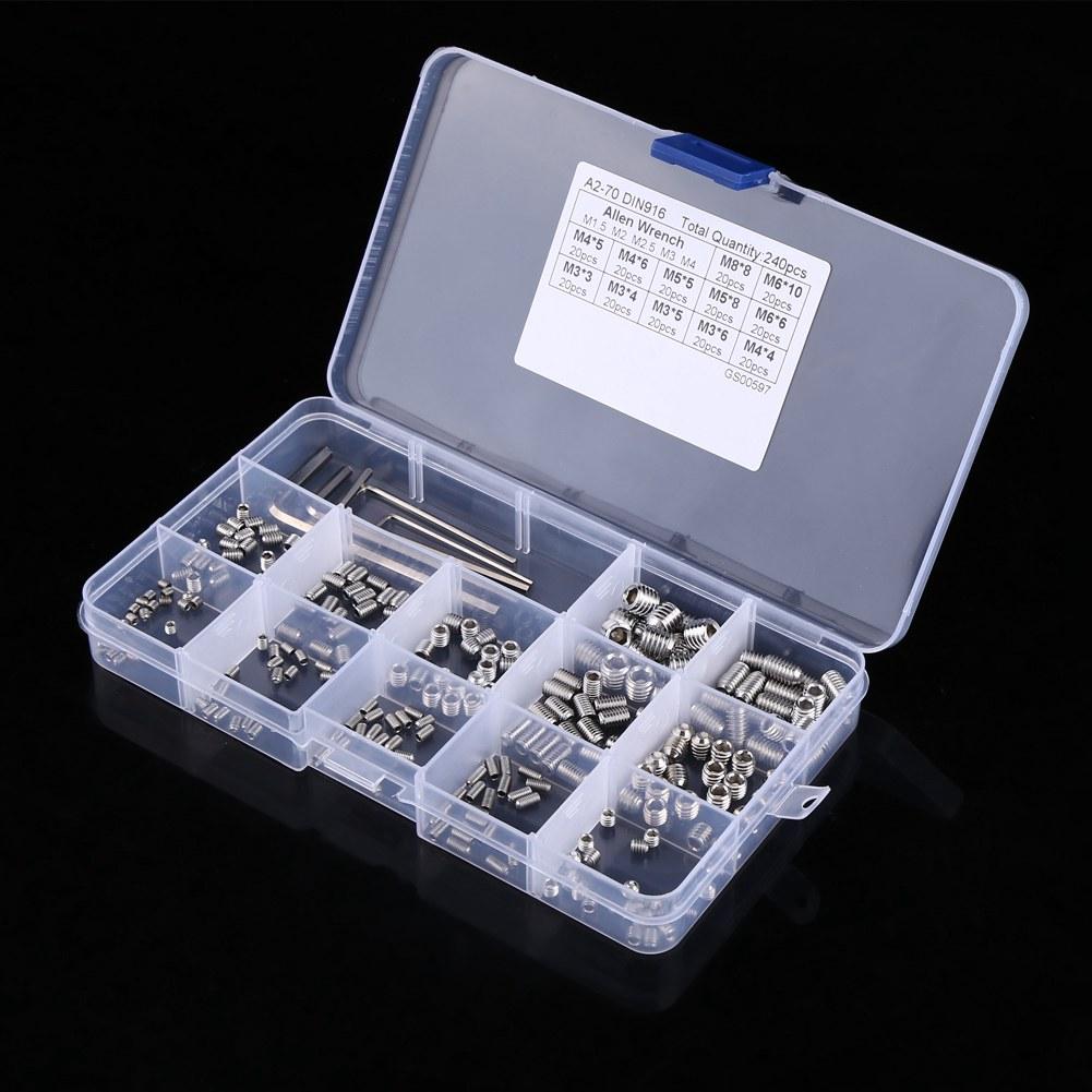 240pcs M3 M4 M5 M6 M8 Hex Socket Set Screws Assortment Kit with Hex Keys