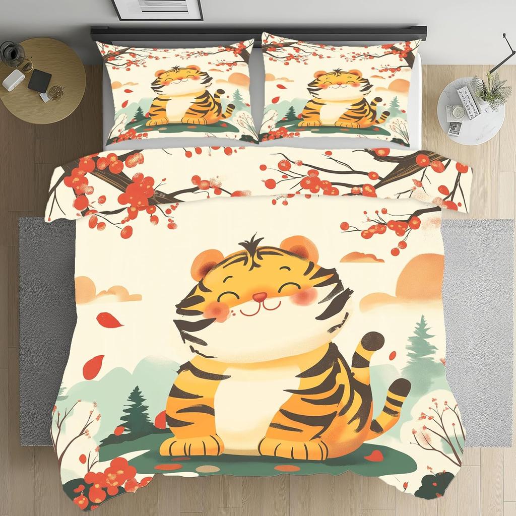 Kreskówkowe Zwierzęta Zestaw Pościeli Tygrys, Miękki Zestaw Pościeli z Mikrofibry, Uroczy Tygrys Dwustronna Pościel Poszwa na Kołdrę i Poszewka 75x50cm