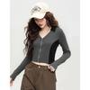 2025 Autumn Short T-Shirt Women's Fashion Color Blocked Sexy V-Neck Slim Fit Long-Sleeved Casual Top