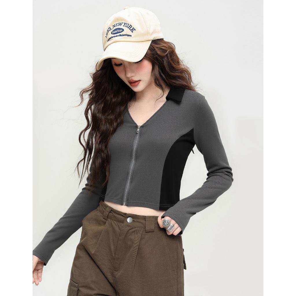 2025 Autumn Short T-Shirt Women's Fashion Color Blocked Sexy V-Neck Slim Fit Long-Sleeved Casual Top