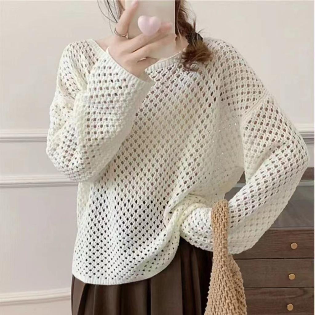 Long-sleeved hollow knitted sweater women's summer design sense outer wear thin see-through top loose lazy wind sunscreen blouse