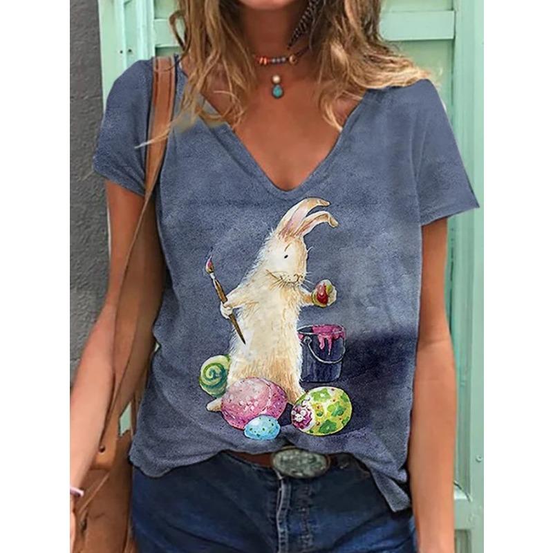 Summer New Casual Daily Versatile Pattern Rabbit 3D Printed Short Sleeved V-neck T-shirt