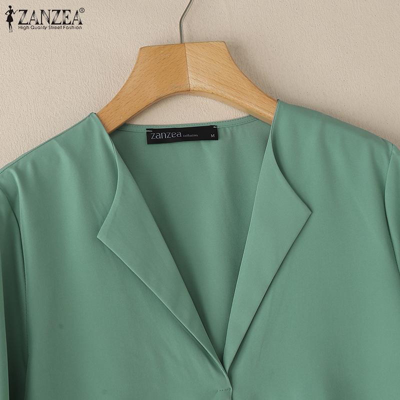 ZANZEA Women Casual V-Neck 3/4 Sleeve Loose Plain Blouse