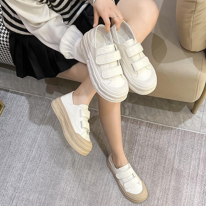 Velcro Dissolving Shoes Women's Spring and Summer Thin Thick-soled Heightening Color Matching White Shoes Genuine Leather Student Casual Board Shoes