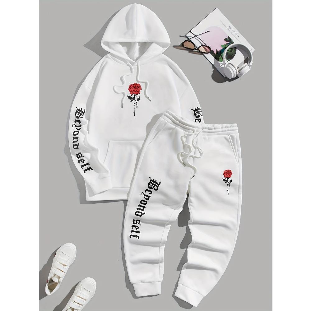 Casual Letter Printed Drawstring Pocket Hoodie and Drawstring Outdoor Casual Sports Pants Set Men's Fashion 2 Piece Set