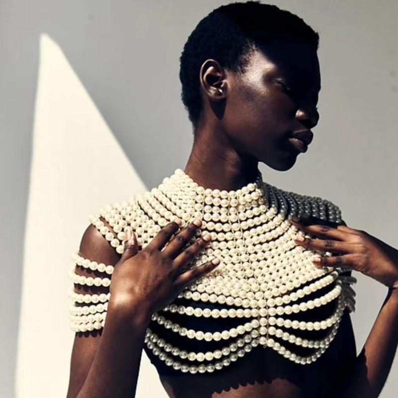 Exquisited Chest Chain Imitation Pearls Tassels Layered Necklace Shawl Beaded Body Jewelry for Elegant Evening Parties
