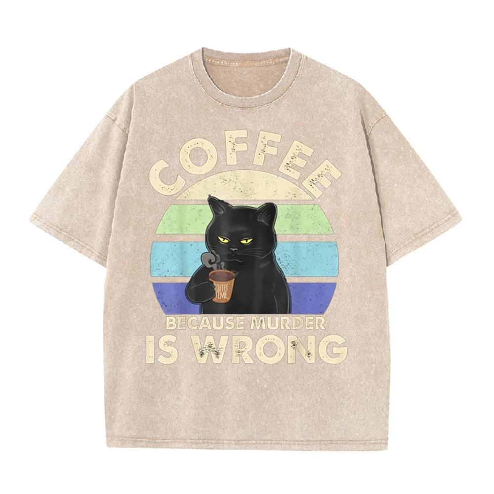 2026 Vintage Retro Sunset Black Cat Coffee Cup Graphic Black Acid Washed T Shirt Coffee Because Murder Is Wrong Funny Casual Ove