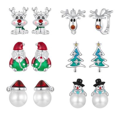 Winter Christmas Santa Claus Reindeer Stud Earrings, S925 Silver Jewelry for Women
