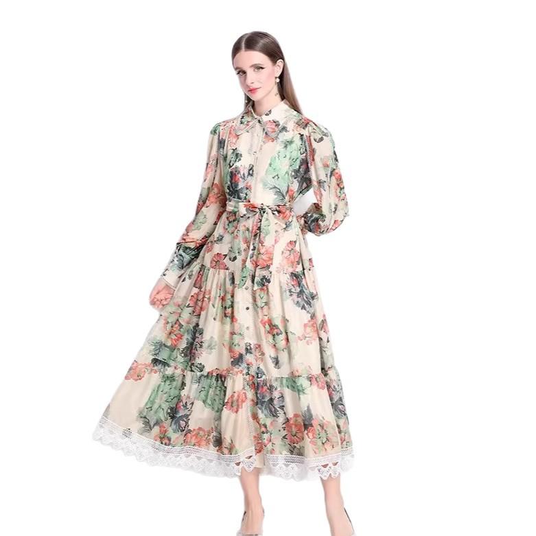Real Shot Literary Style Lace-up Waist Lapel Long Dress Retro Printing Design Long Dress
