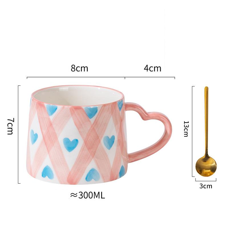 

300 мл симпатичная керамическая кружка в стиле Ins, расписанная вручную, с изображением сердечка, кофейная чашка с ложкой, кружка для завтрака, молока, чая, праздничные чашки, свадебный подарок 301-400ml