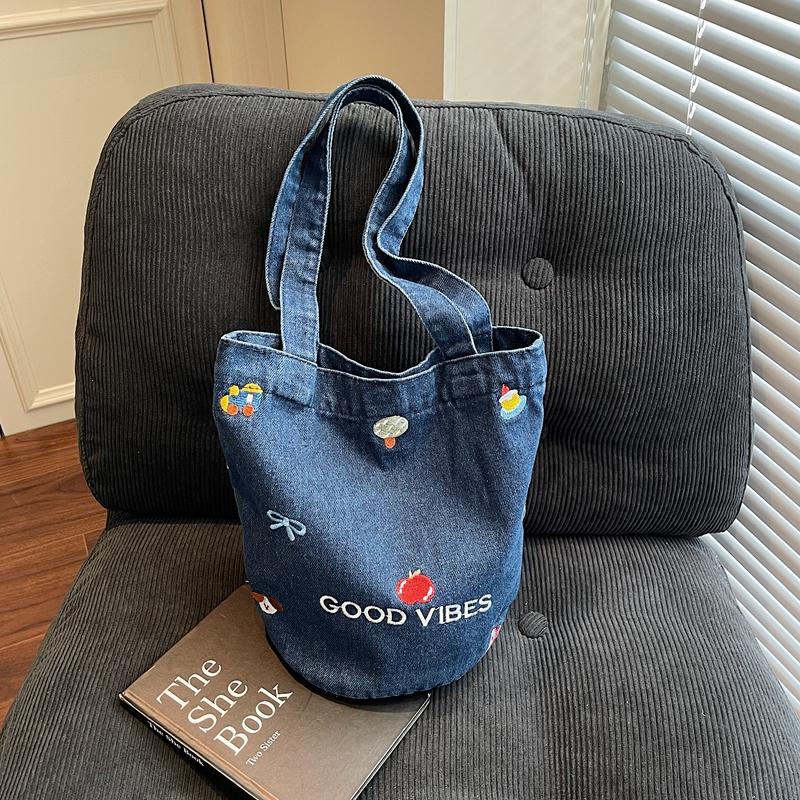 Large Capacity Denim Bag Women Embroidered Handbag Shoulder Bag