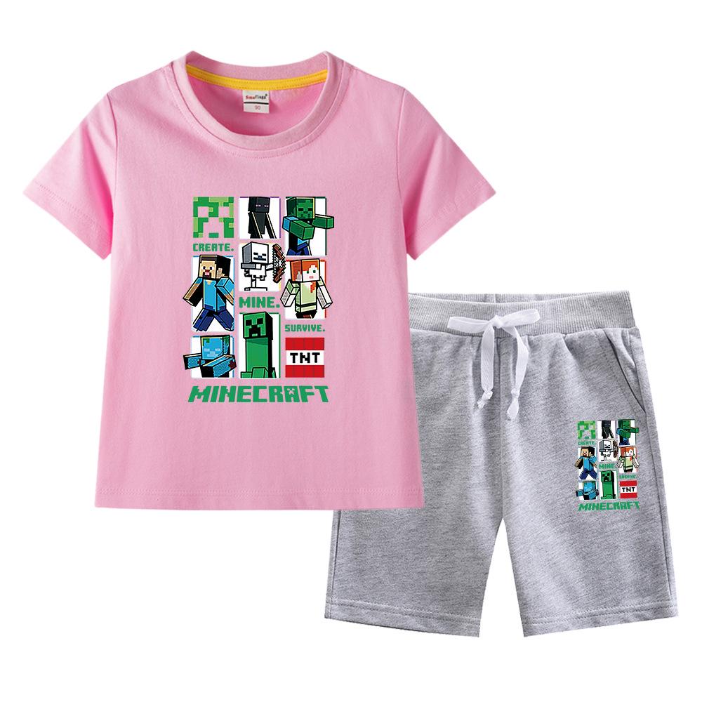 Minecraft Kids' Summer Outfit: Pure Cotton Short Sleeve T-Shirt & Shorts Set for Boys & Girls