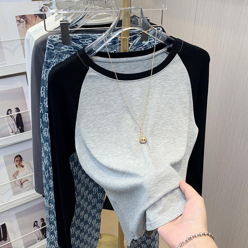 

Contrast Color Round Neck Base Top for Women In Spring and Summer Updated Trendyable and Trendyable Slim Fit Inner Long-sleeved T-shirt Short Top XL сірий