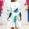 Women Plus Size V Neck Long Sleeve Printed White Teal A Line Dress