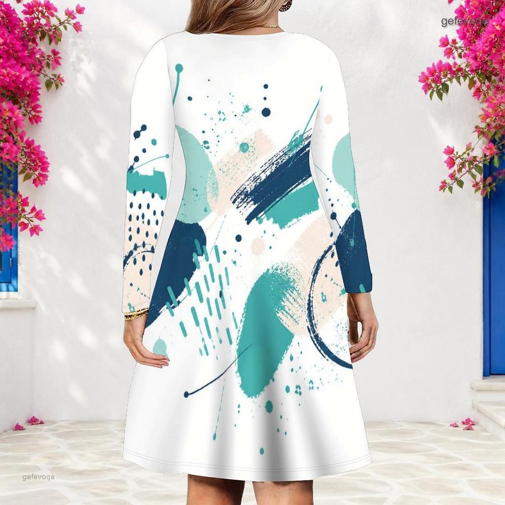 Women Plus Size V Neck Long Sleeve Printed White Teal A Line Dress