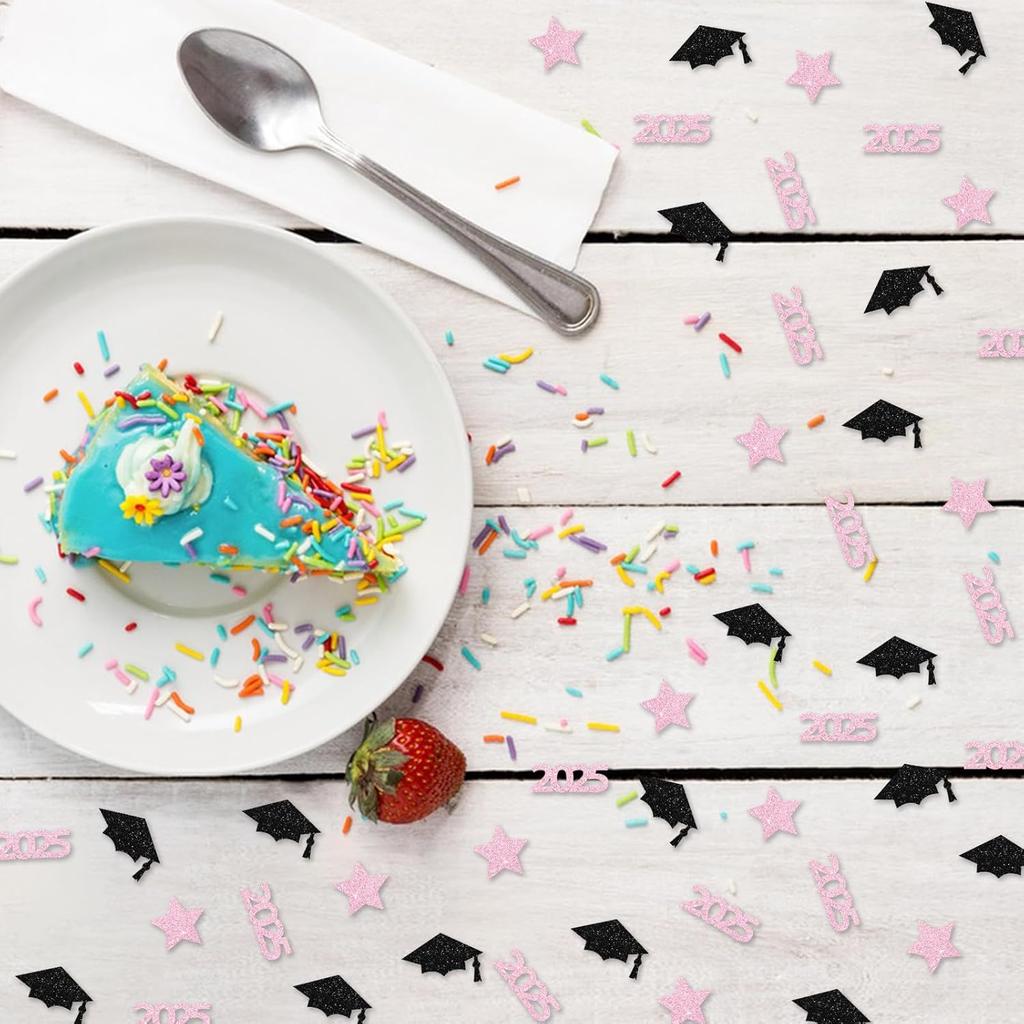 120pcs 2025 Graduation Confetti, Class of 2025 Confetti, Congrats Grad Table Scatter, Black&Pink Glitter Graduation Cap Table Scatter, 2025 Senior