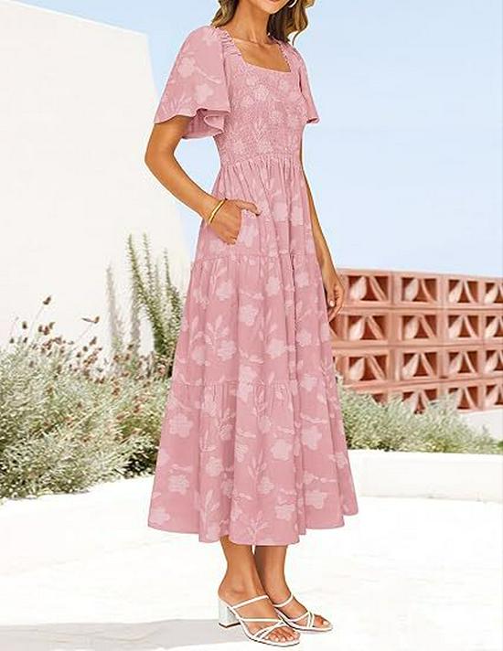 Bohemian Floral Square Neck Midi Dress - Women's Short-Sleeve Fashion