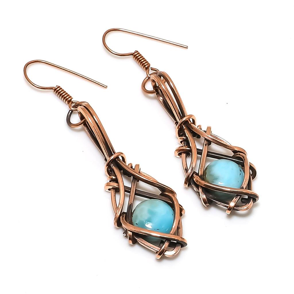Larimar Earrings, 999 Copper Wire Wrapped Jewelry, Gemstone Earrings, Gift For Her Handmade Dainty Jewelry