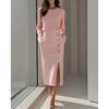 Solid Color Long Sleeve Round Neck Waist Cinched Button Decorated Slit Mid Length Women Dress