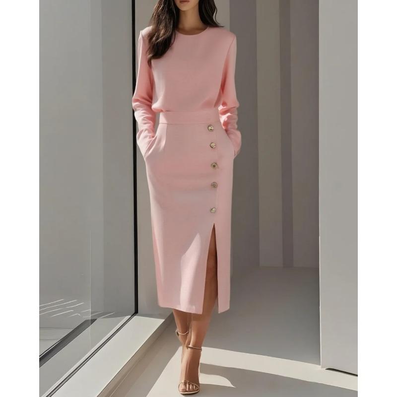Solid Color Long Sleeve Round Neck Waist Cinched Button Decorated Slit Mid Length Women Dress
