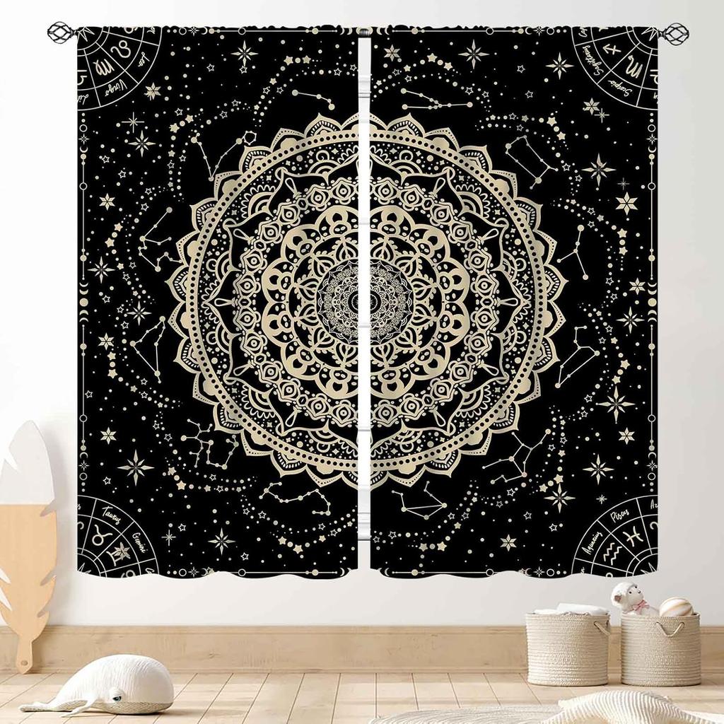Hippie Mandala Vorhänge, Indisches Medaillon Trippy Boho Paisley Ästhetische Kunst Dekoration Bunte Orange Fensterbehandlung Für