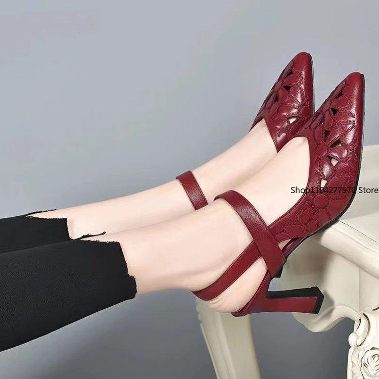 Fashion Ladies Shoes Pointed Toe Sandals for Women Block Heel Pumps Footwear Outdoor Red Heeled High Heels 2025 Summer Chunky Thick Sale