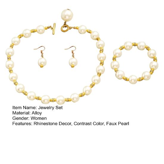 1Set Women Jewelry Set Faux Pearl Earrings Necklace Bracelet Contrast Color Rhinestone Decor Polished Prom Party Wedding Party Bride Jewelry