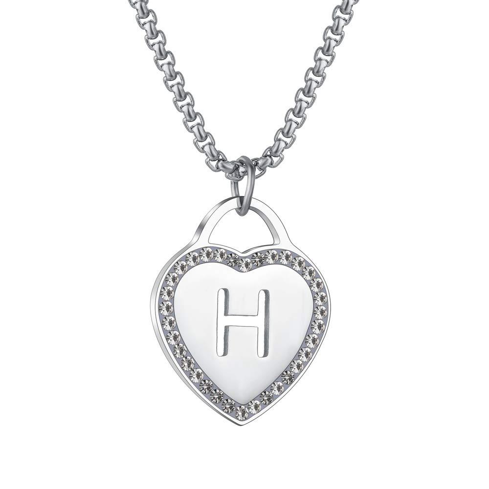 Women's Silver Initial Necklace Stainless Steel Love Heart Tiny Letter Necklace Personalized Name Jewelry for Girlfriend Gift 26 Alphabet Letters