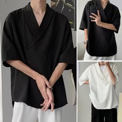 Men Summer Shirt V Neck Loose Baggy Solid Color Soft Hip Hop Half Sleeves Soft Breathable Casual Pullover Streetwear Hair Stylist Top