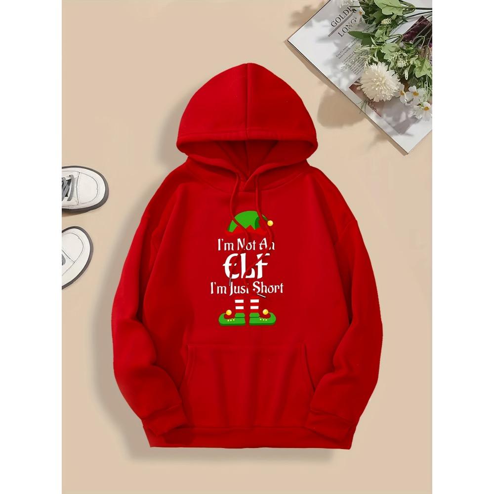

Christmas Festive Elf Print Hoodie - Soft Stretch Polyester Long Sleeve with Pocket Knit Cap Holiday Fashion Top for Fall/Winter XL
