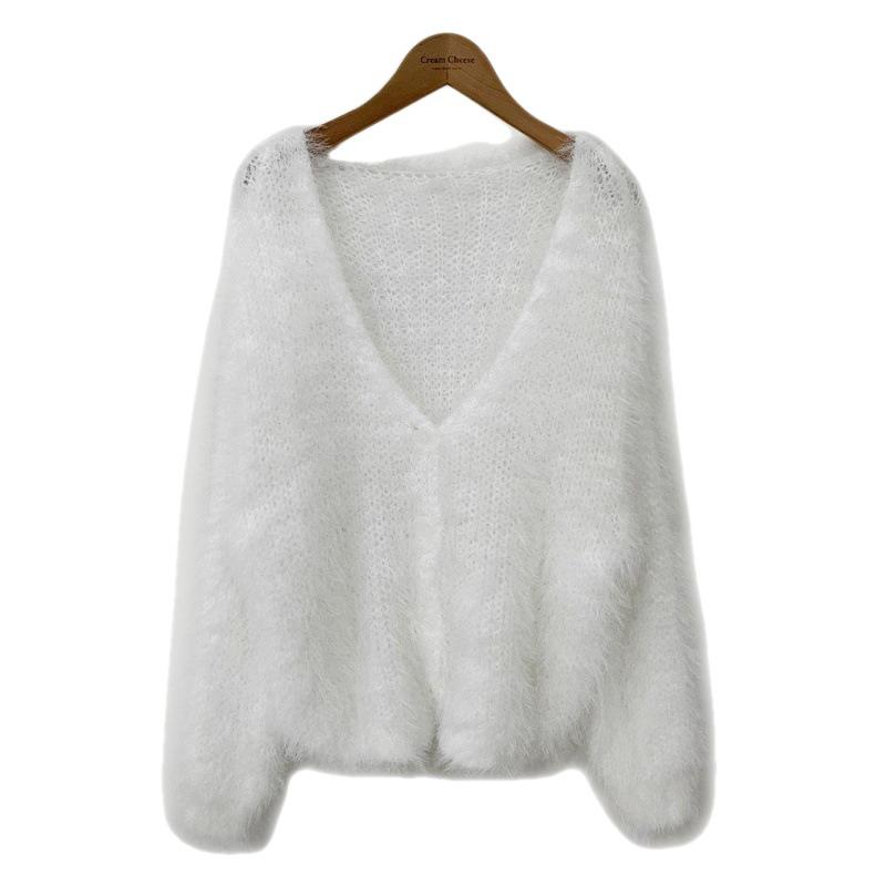 Chic Korean Faux Mink Long-Sleeve V-Neck Cardigan Sweater for Women