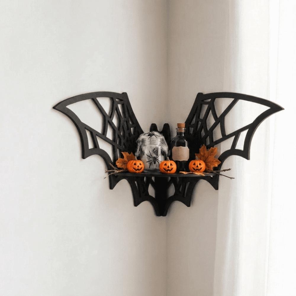 Black Bat Corner Shelf Wooden Wall Display Shelf Spooky Decor Floating Storage Shelf Party