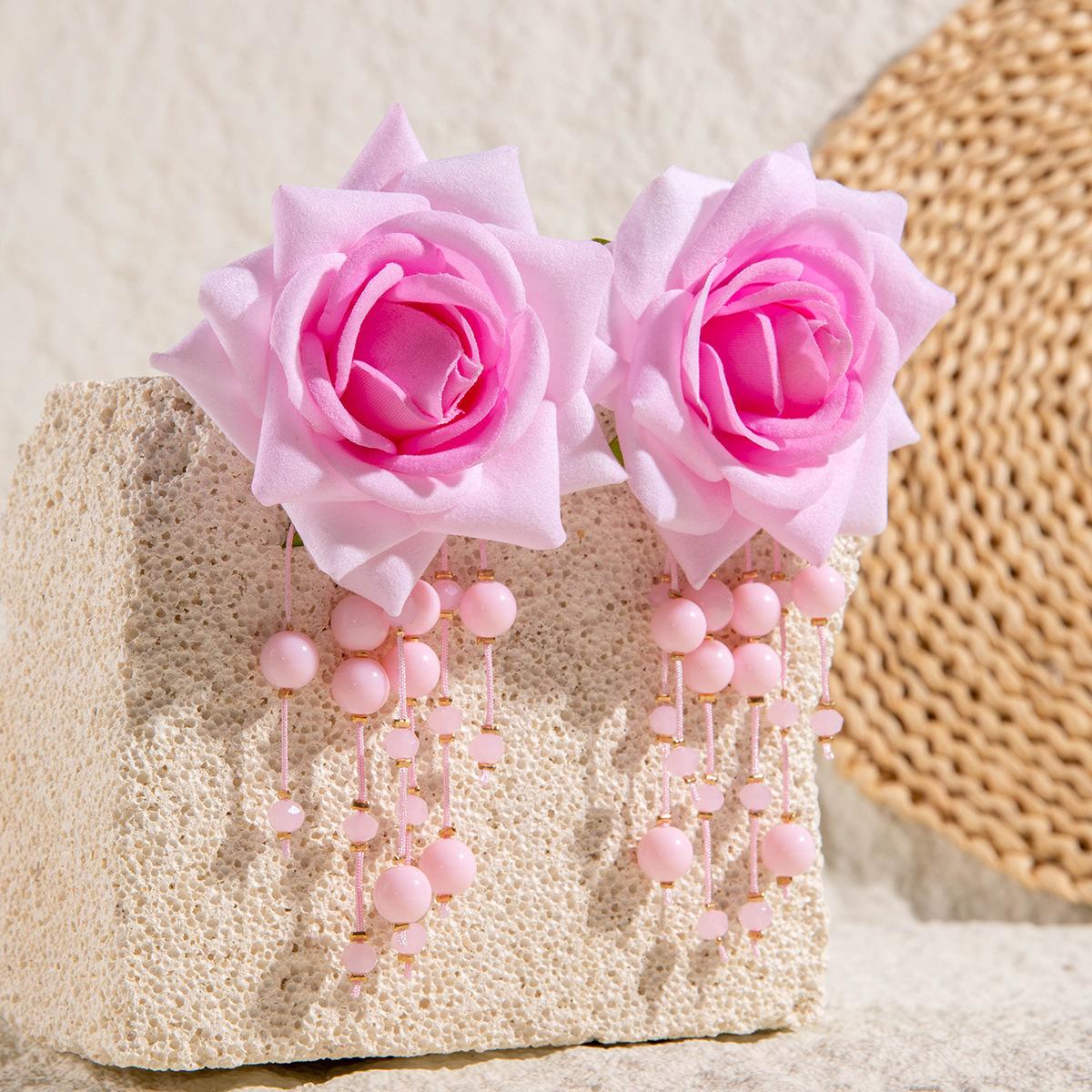 Accessories, colorful three-dimensional rose flower earrings, long fringed flower earrings with fresh fabrics