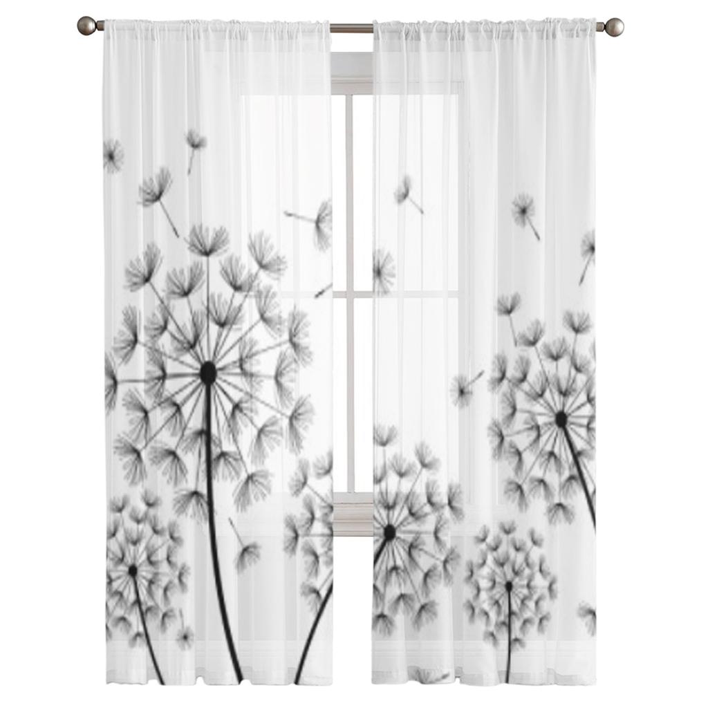 Beautiful Black Dandelions Tulle Curtains For Living Room Decoration Modern Veil Chiffon Curtains Bedroom Sheer Voile