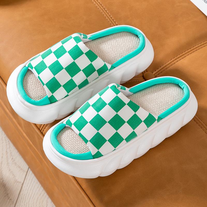 Four Seasons Linen Thick-soled Slippers Checkerboard Simple Home Non-slip Cool Slippers Couple Wooden Floor Mop