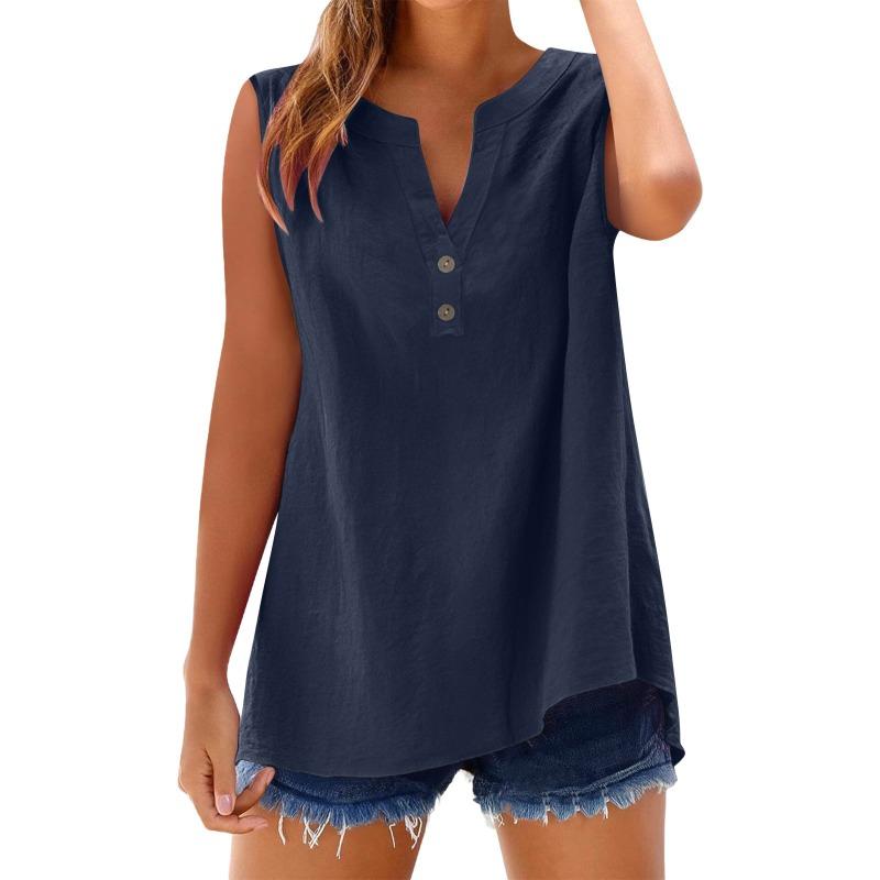 Women's Shirt Summer Fashion Casual Button Loose Sleeveless Bamboo Cotton Top Women's Wear