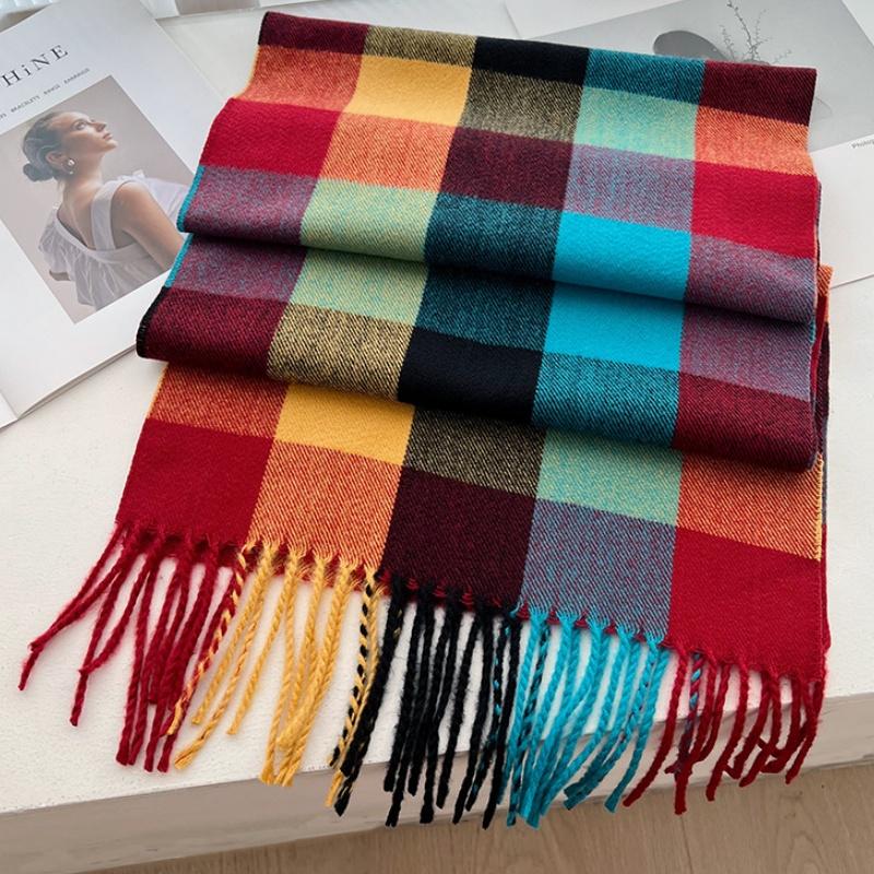 Fashion Rainbow Color Block Plaid Designer Winter Scarf Women Cashmere Shawl Stripe Blanket Wrap Outdoor Travel Warm Lady