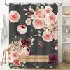 Pink Floral Bath Shower Curtain Set with Personalized Name for Bathroom Decor Black Background Waterproof Fabric Customizable Si
