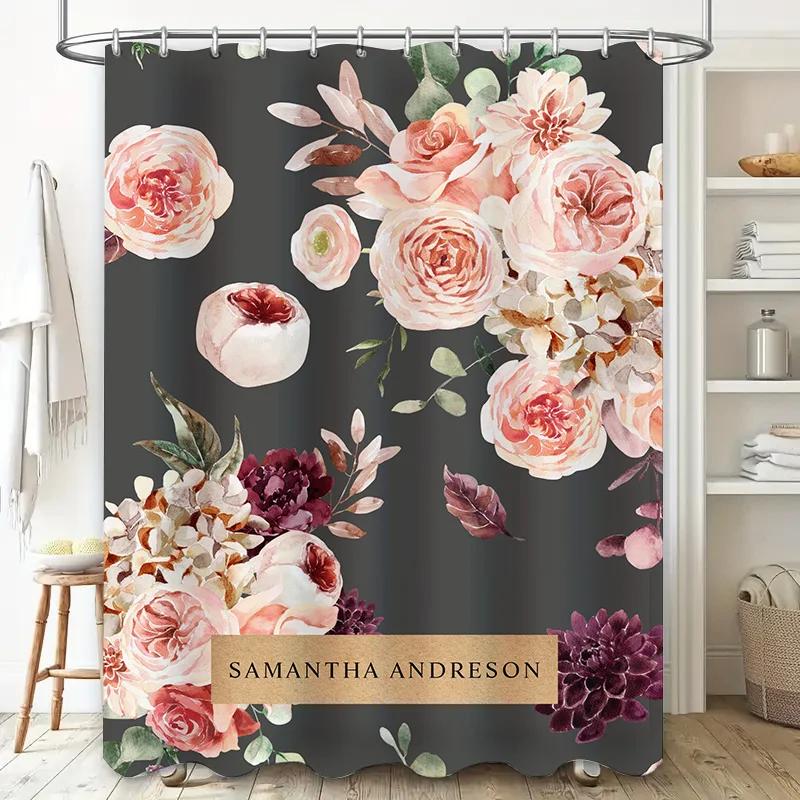 Pink Floral Bath Shower Curtain Set with Personalized Name for Bathroom Decor Black Background Waterproof Fabric Customizable Si