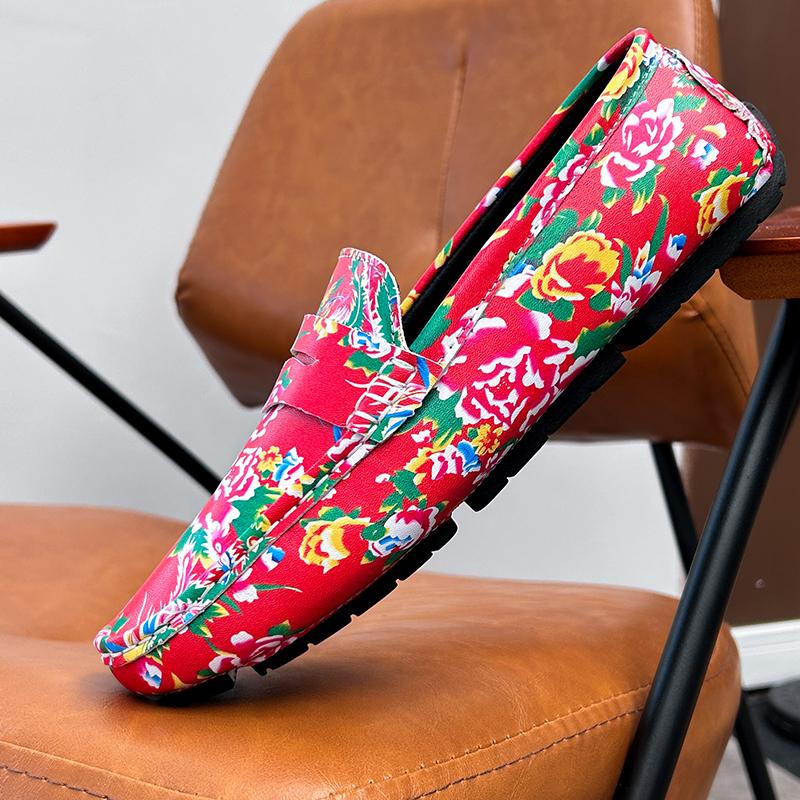 Men’s Moccasins Driving Shoes Comfort Leather Flats Casual Slip-ons Plus Size Flower Print Shoes for Men