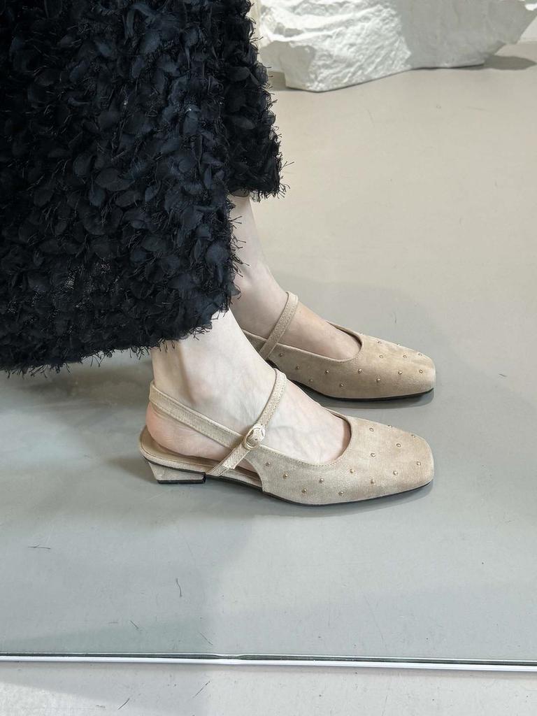 French Square Head Mary Jane Sandals Women'S Shoes Summer Suede Low Heel Thick Heel With Skirt Cool Slippers