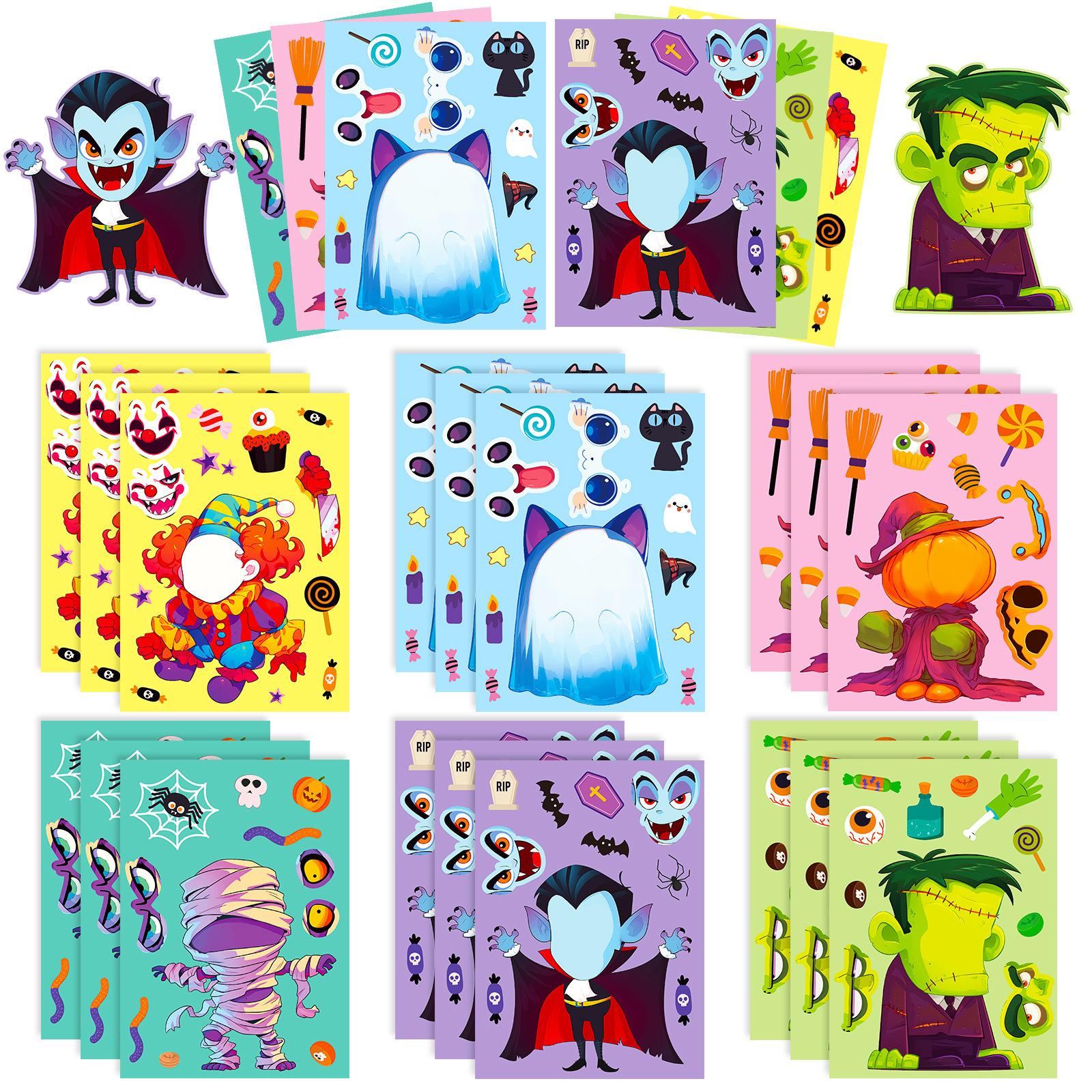 

6 Photos/pack of Vampire Mummy Pumpkin Creative DIY Expression Face Swap Stickers Halloween Puzzle Stickers