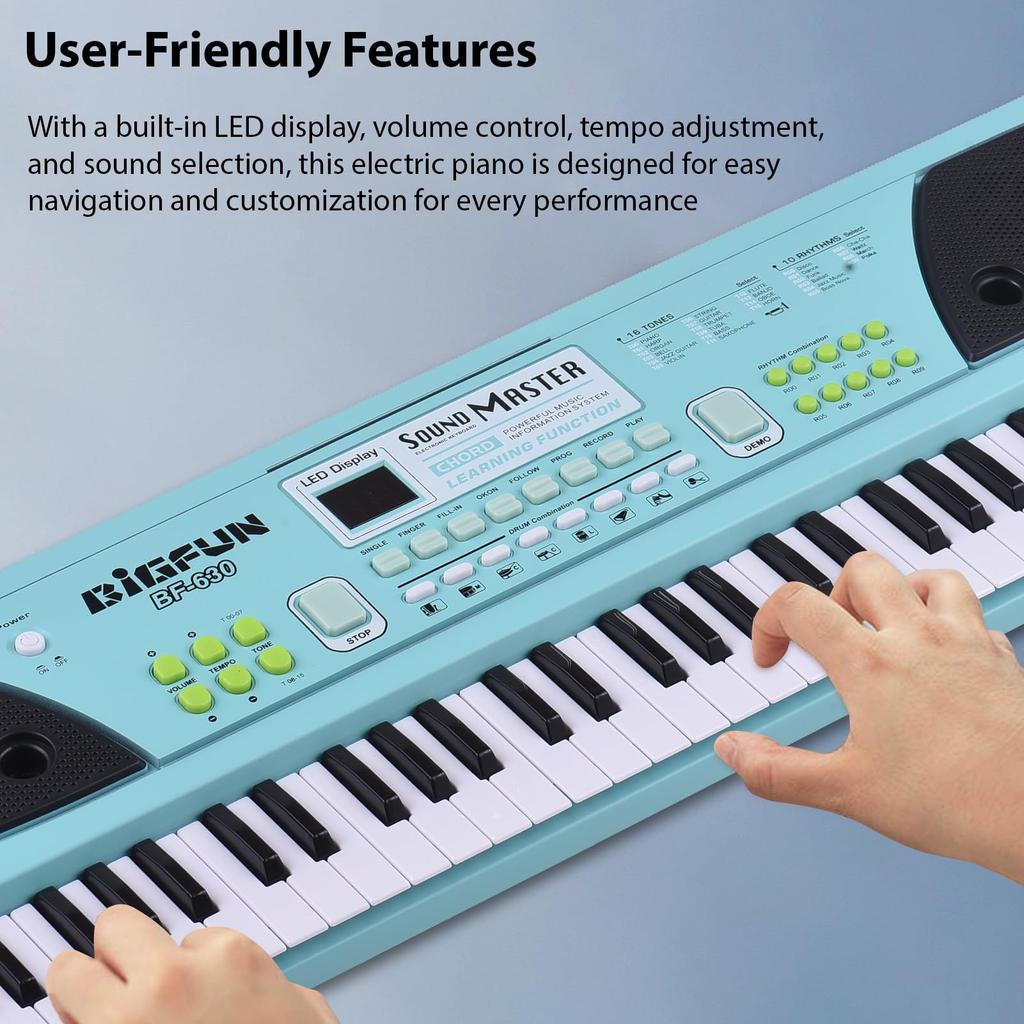 Btuty 61-Key Electronic Keyboard Piano 16 Tones 10 Rhythms 8 Percussions 6 Demo Songs Dual Speakers Recording and Chord Functions for Beginners